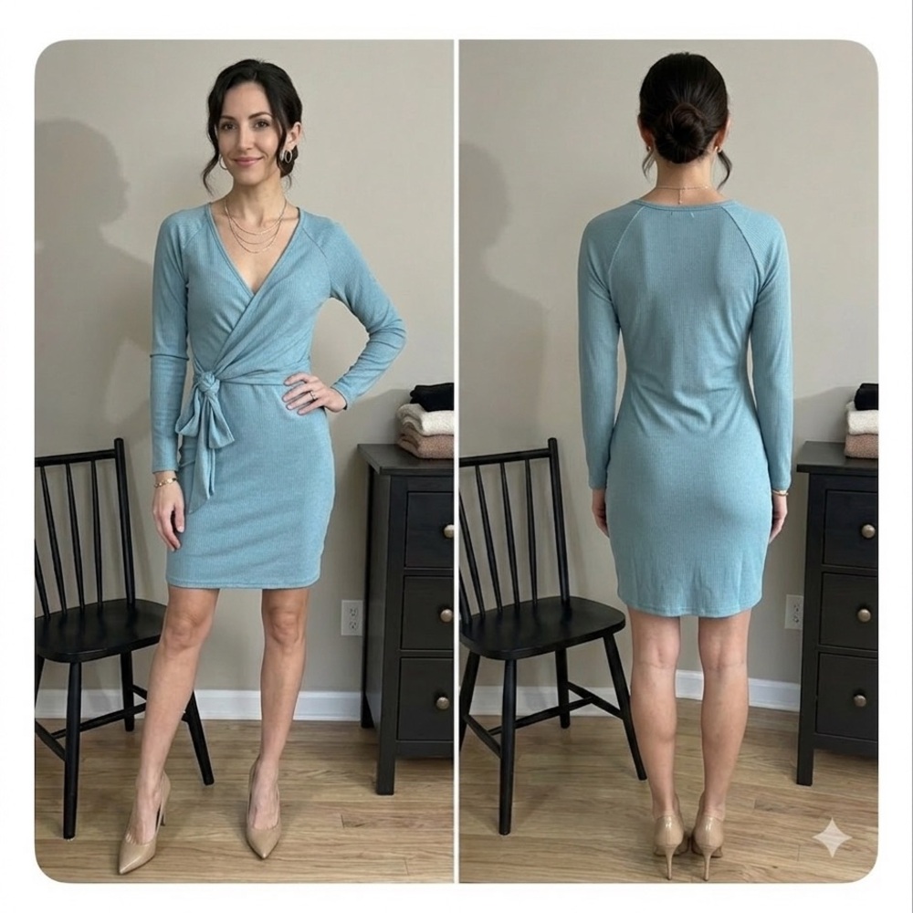 Women’s Aqua Blue Faux adjustable Wrap Tie-Accent Dress - Size Small